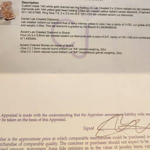 May include: A close-up of an appraisal document for a 14 karat white gold ring with a 3.59 carat lab-created yellow radiant center diamond. The ring also has four 5 x 3.5 mm lab-created radiant cut diamonds in the shank. The appraisal document includes the details of the ring, including the diamond's clarity, cut, and color.