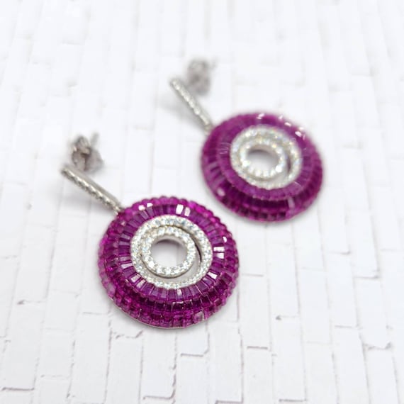 SIMULATED Ruby and Diamond Dangle Earrings in Ste… - image 1
