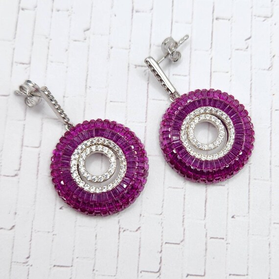 SIMULATED Ruby and Diamond Dangle Earrings in Ste… - image 6