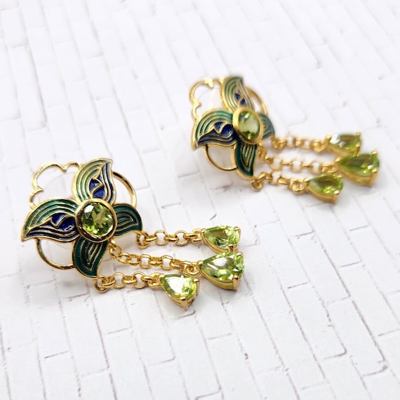 ART DECO STYLE Enamel and Peridot Drop Dangle Ear… - image 2