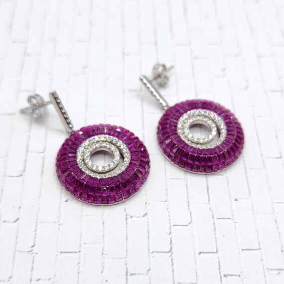SIMULATED Ruby and Diamond Dangle Earrings in Ste… - image 2