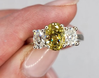2.44ct Earth-Mined FANCY VIVID YELLOW Diamond and Moissanite Wedding Ring Set in 14K White Gold - Size 7.75