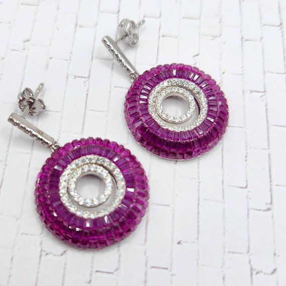 SIMULATED Ruby and Diamond Dangle Earrings in Ste… - image 3