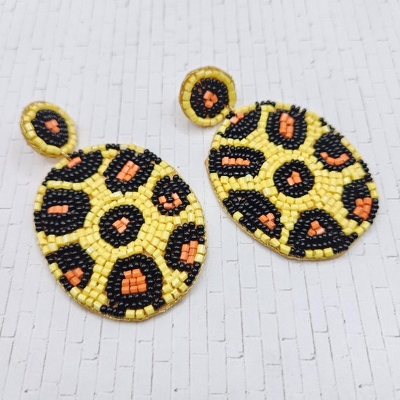 STATEMENT Large Woven Beaded Leopard Dangle Drop … - image 1