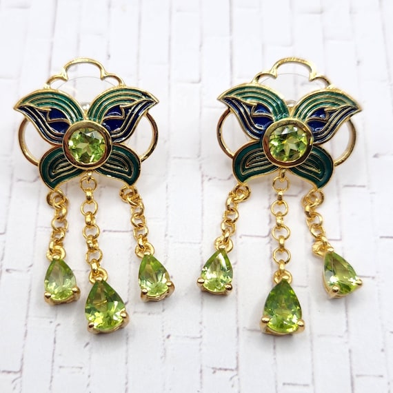 ART DECO STYLE Enamel and Peridot Drop Dangle Ear… - image 1