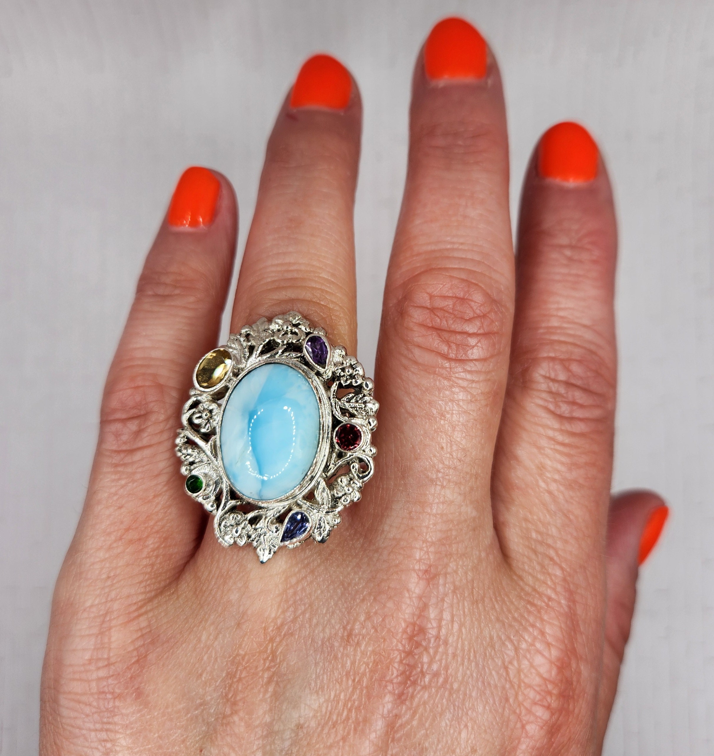 Multi-gemstone Larimar Ring in Platinum Over Sterling Silver