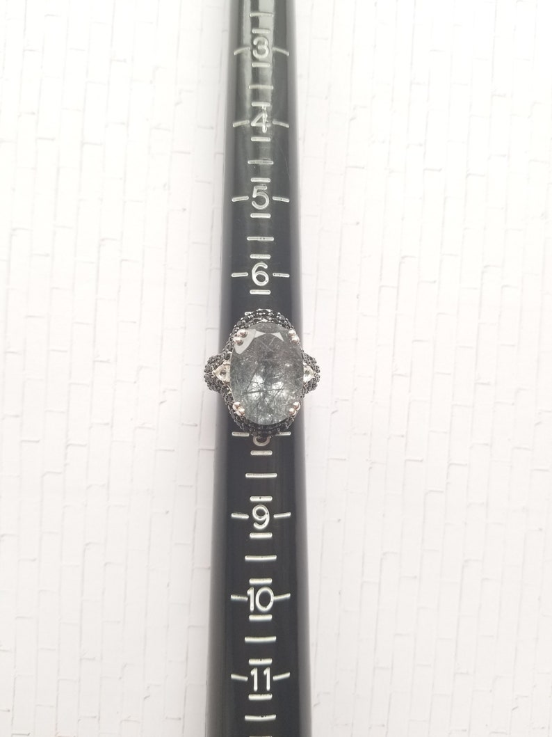 Size 7 ICY Rutilated Quartz Black Spinel and Genuine White Topaz Cocktail Ring in Platinum over Sterling Silver
