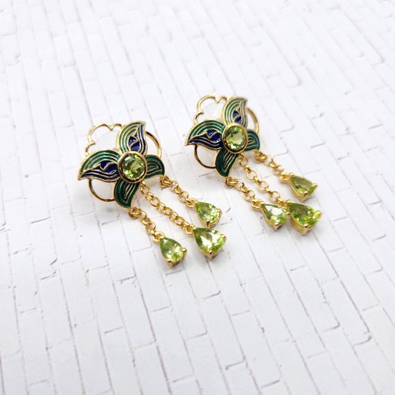 ART DECO STYLE Enamel and Peridot Drop Dangle Ear… - image 3
