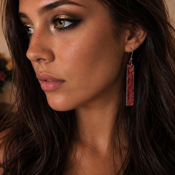 Elongated Maroon and Gold Boutique Earrings