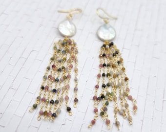 MULTI-TOURMALINE and Coin Pearl Dangle Earrings in 14K Yellow Gold over Sterling Silver - 3" Length