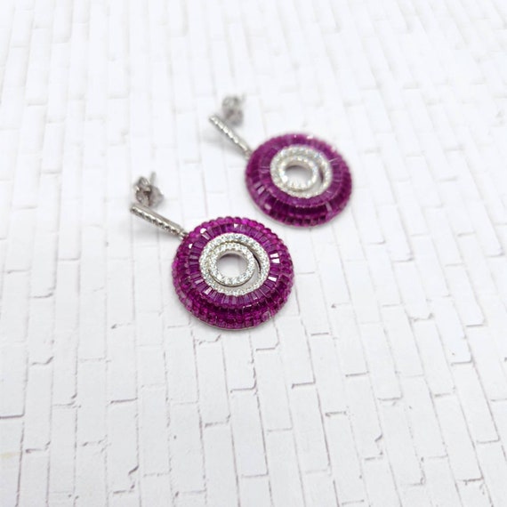 SIMULATED Ruby and Diamond Dangle Earrings in Ste… - image 5