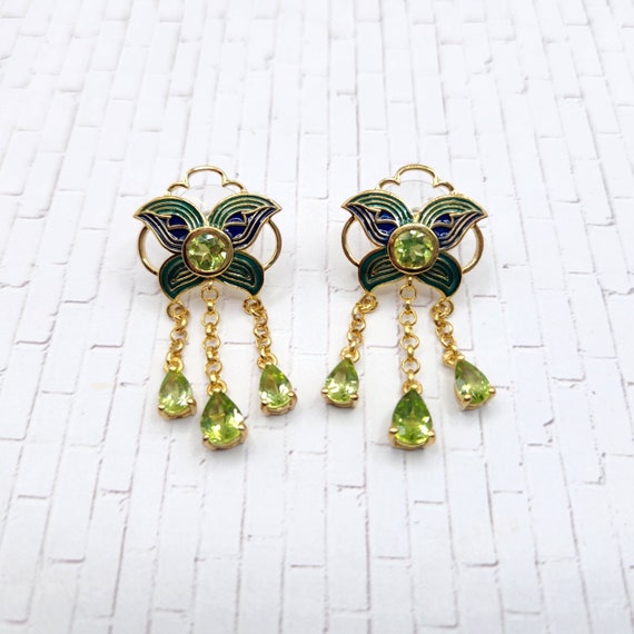 ART DECO STYLE Enamel and Peridot Drop Dangle Ear… - image 4
