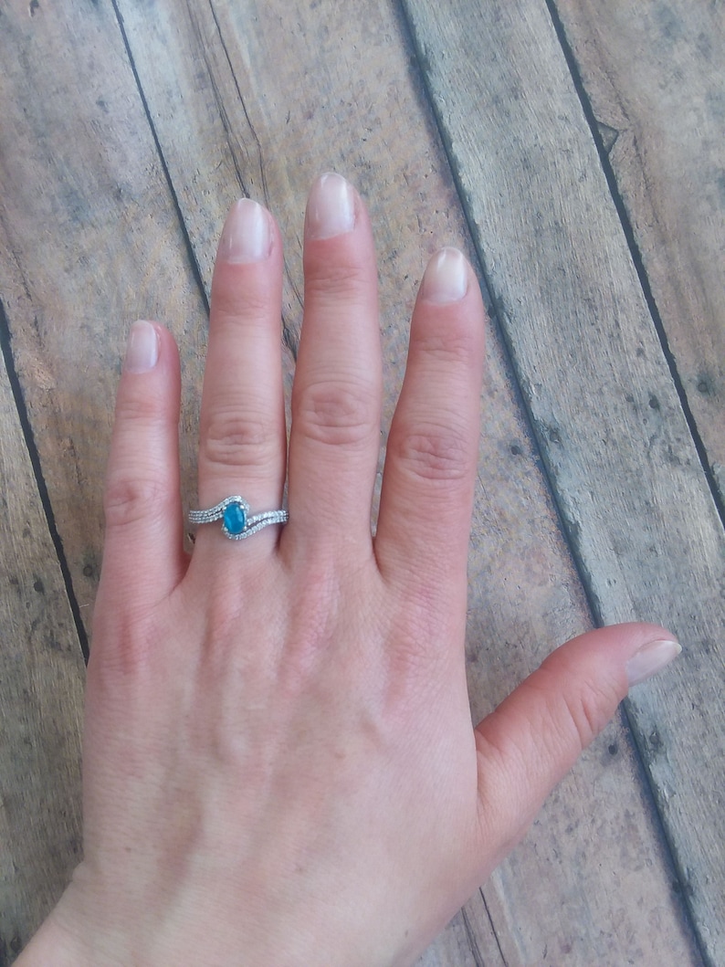 NEON APATITE and White Zircon Ring in Sterling Silver Size 7