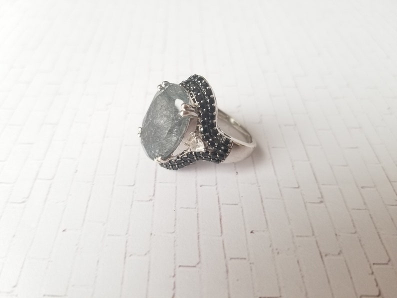 Size 7 ICY Rutilated Quartz Black Spinel and Genuine White Topaz Cocktail Ring in Platinum over Sterling Silver