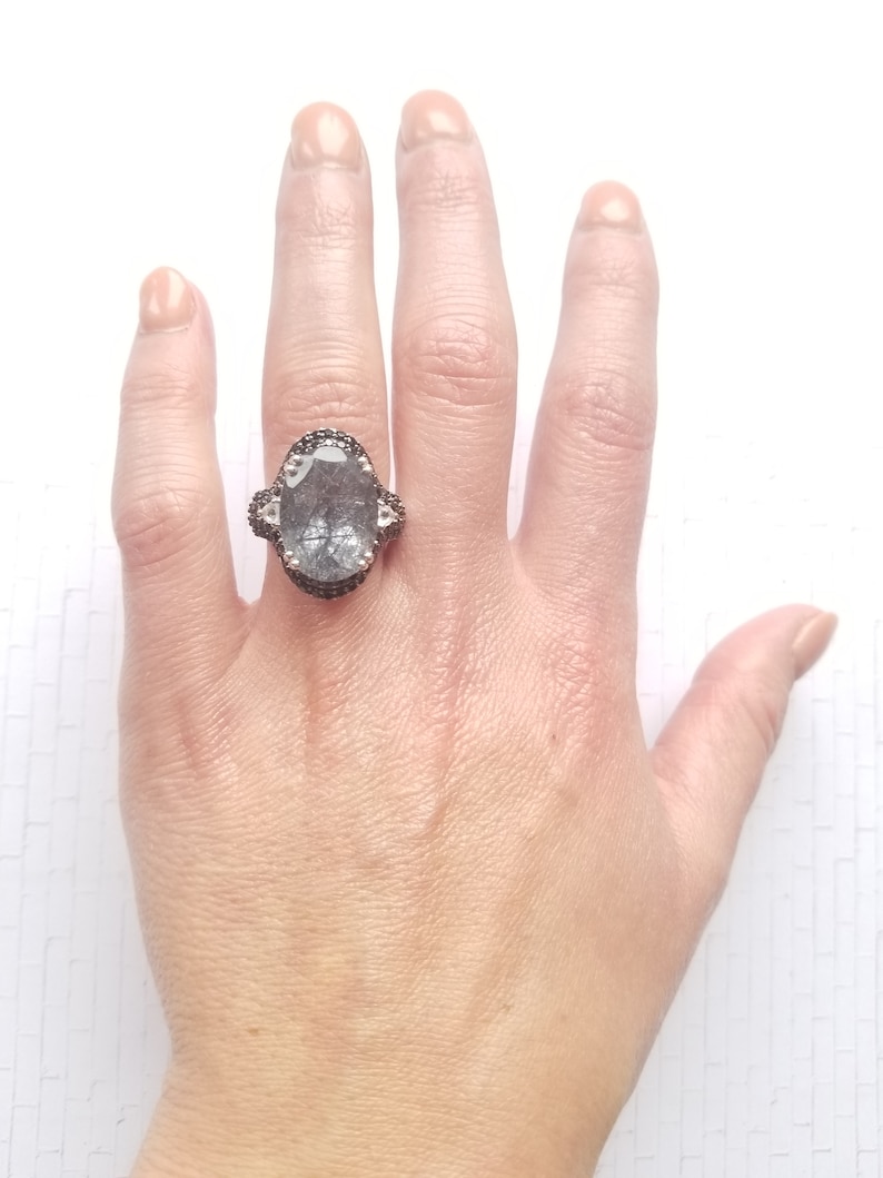 Size 7 ICY Rutilated Quartz Black Spinel and Genuine White Topaz Cocktail Ring in Platinum over Sterling Silver