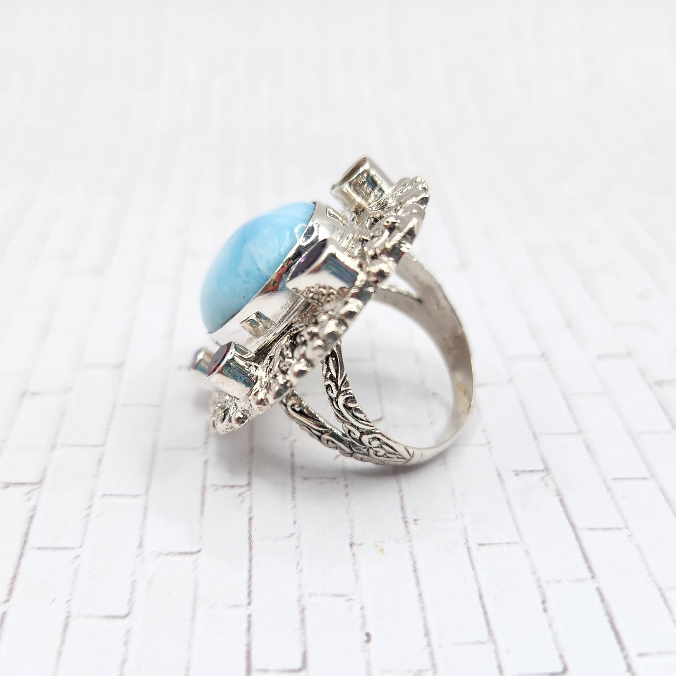 Multi-gemstone Larimar Ring in Platinum Over Sterling Silver