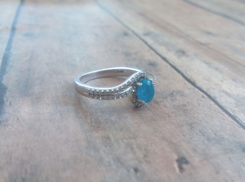 NEON APATITE and White Zircon Ring in Sterling Silver Size 7