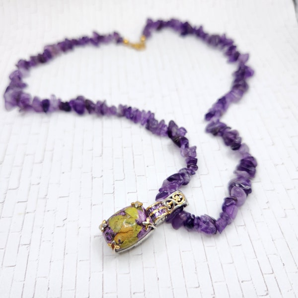 EXOTIC TANZANIAN STITCHTITE and Amethyst Necklace in 14Kt Yellow Gold over Sterling Silver - 18"