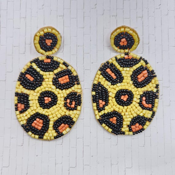 STATEMENT Large Woven Beaded Leopard Dangle Drop … - image 3