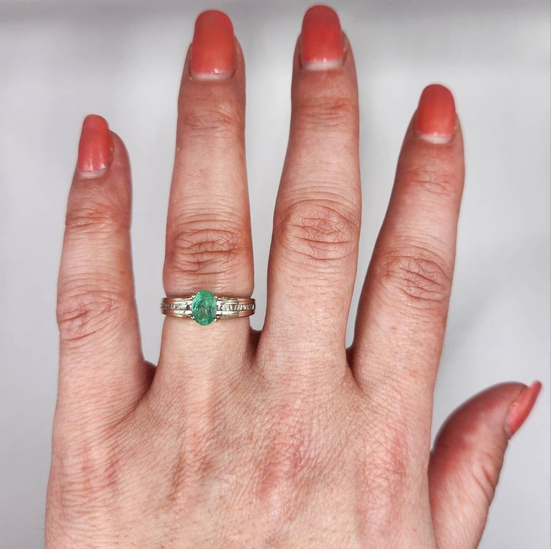 NATURAL EMERALD and Diamond Ring in Platinum Over Sterling Etsy Canada