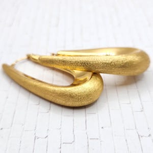 ITALY 18KT YELLOW Gold Electroform Elongated Matte and High Polished Hoop Earrings - 1.9" Length