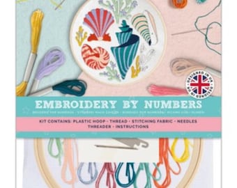 Seashells modern Embroidery by Numbers sewing craft kit - shells and beach theme, by Simply Make. Beginners and relaxing embroidery set.
