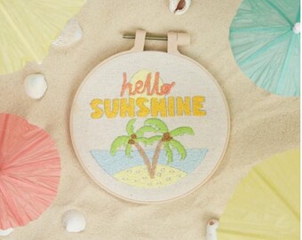 Hello Sunshine modern Embroidery by Numbers sewing craft kit - summer theme, by Simply Make. Beginners and relaxing embroidery set.