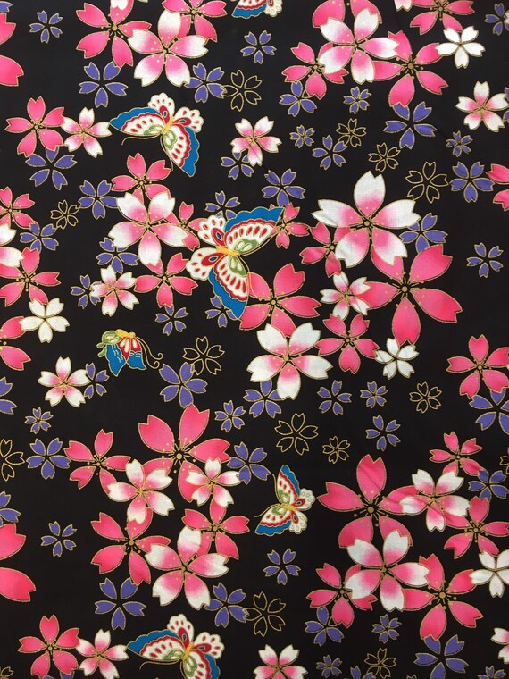 Black Butterfly Floral Japanese Cotton Fabric, Metallic Print by Craft Cotton Co