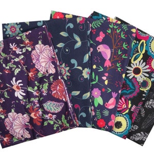 May include: Six fabric squares featuring various floral designs. The squares are all dark purple with colourful flowers and leaves. One square has a black background with colourful flowers and leaves.