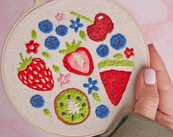 Summer Fruits modern Embroidery by Numbers sewing craft kit - fruit theme, by Simply Make. Beginners and relaxing embroidery set.