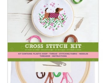 Sausage Dog Cross Stitch Kit – DIY Embroidery, Modern Design sewing craft set