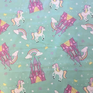 Unicorn and Princess fabric. 100% cotton. Unicorns. Castle fabric.Rainbow. Girls bedroom. Fabric for kids. Castles. Mint. Sewing.