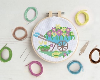 Gardening, Floral Wheelbarrow Cross Stitch Kit – DIY Sewing Craft Set by Simply Make
