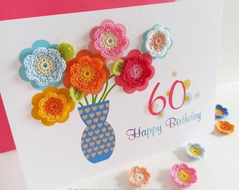 Crochet Flower 60th Birthday Card: Handmade Embroidered Keepsake