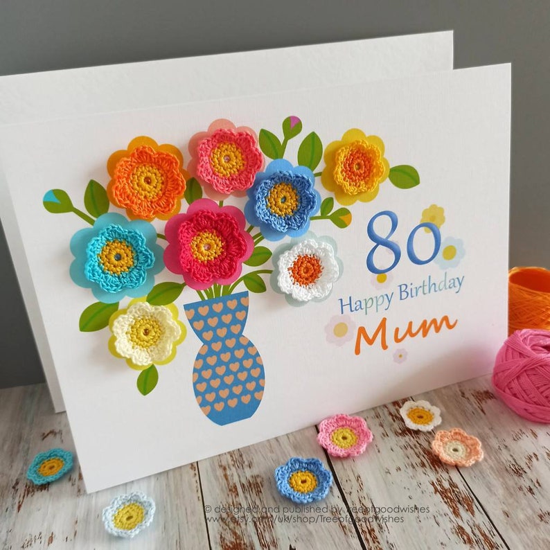 80th crochet flower card