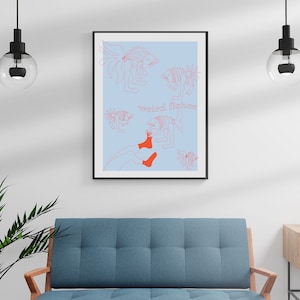 Minimalistisches Poster mit seltsamen Fischen| Minimalistisches modernes Wohndekor| Sofortiger Download| Druckbare Original-Wandkunst, surrealistische digitale Wandkunst