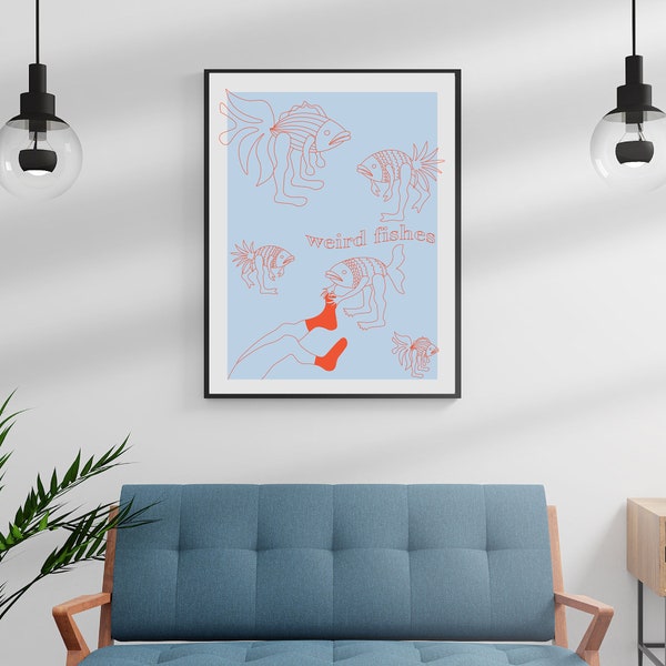 Minimalist Weird Fishes Poster| Minimalist Modern Home Decor| Instant Download| Printable Original Wall Art, Surrealist Digital Wall Art