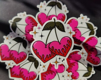 Flame Cherry Hearts- 3" sticker