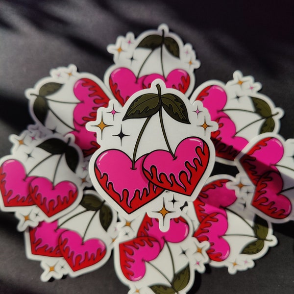 Flame Cherry Hearts- 3" sticker