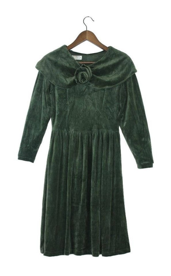 Mocha green velvet rose dress vintage