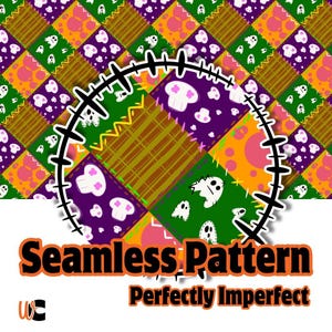 Pode incluir: Um design de padrão sem costura colorido com um estilo de patchwork. O padrão apresenta quadrados com vários desenhos, incluindo caveiras, cogumelos e fantasmas. O texto "Seamless Pattern Perfectly Imperfect" é exibido em laranja e preto.
