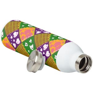 Product mockup of a metal water bottle showing the patchwork ghost pattern wrapped around the surface for Halloween crafts.
