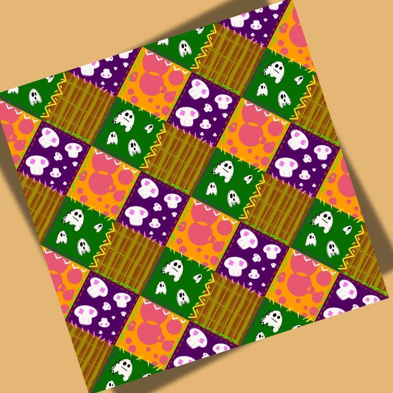Full, detailed view of the Halloween patchwork seamless pattern, displaying the repeat tile and high-quality digital texture.