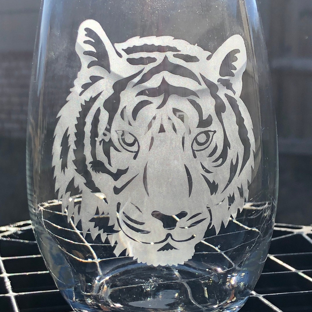 Etched Tiger Wine Glass, Tiger Etched Whiskey Glass, Tiger Etched Beer