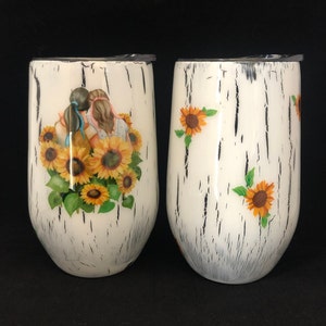 Crackle Paint Sunflower Tumbler, Hand painted Rustic Farmhouse Sunflower tumbler, Gift for Sisters, Vintage Tumbler, Personalized Tumbler