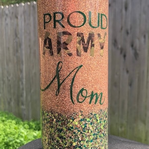 Proud Army Mom/Wife Custom Tumbler, Rose Gold & Camo Green Glitter with Photo of Soldier, Gift for Mom, Army cup, Personalized Army cup