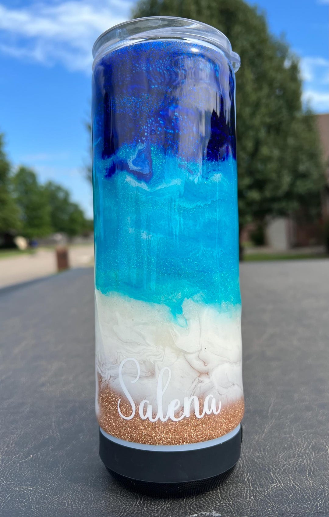 Custom Beach Tumbler With Bluetooth Speaker: Glitter Alcohol Ink Epoxy ...