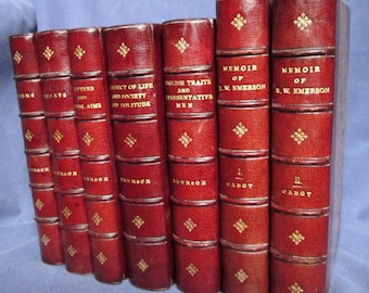 Ralph Waldo Emerson Works, 5 volumes, and A Memoir of Ralph Waldo Emerson in 2 volumes - Half leather binding, antiquarian
