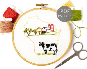 Wisconsin Farm Hand Embroidery Pattern PDF with Red Barn, State Outline Design