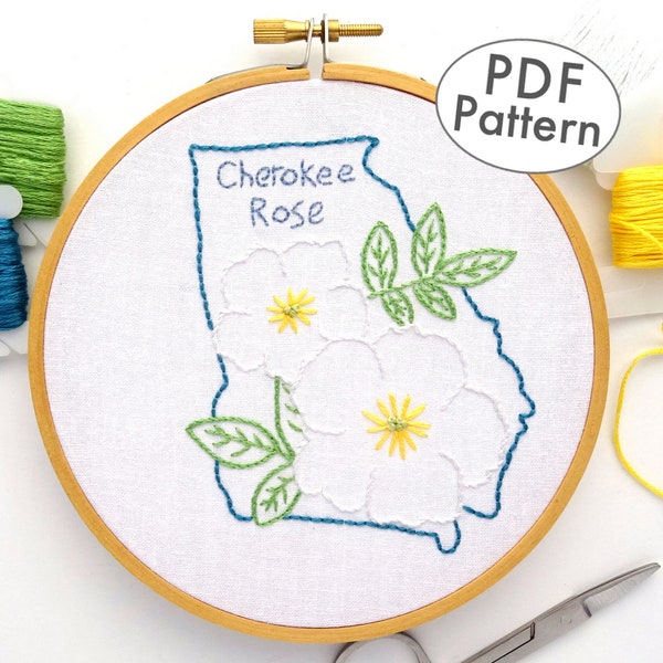 Georgia Flower Hand Embroidery Pattern, Cherokee Rose Design PDF Download